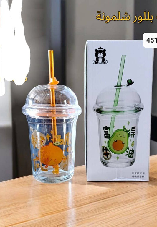 كوب زجاجي شفاف كوري بالشفاط