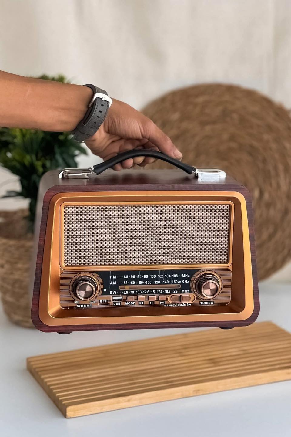 راديو كلاسيكي خشبي يعمل بالشحن به بلاتوث يعمل بالفلاش أو الميموري