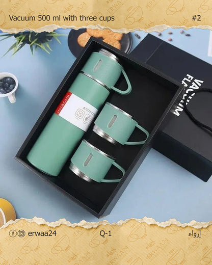 طقم ترمس مع ثلاث أكواب ستيل حراري 500 مل