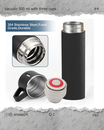 طقم ترمس مع ثلاث أكواب ستيل حراري 500 مل