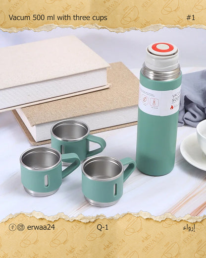 طقم ترمس مع ثلاث أكواب ستيل حراري 500 مل